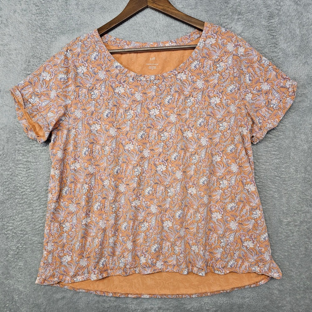 J. Jill Everyday Cotton Tee XL Orange Floral Paisley Short Sleeve High Low Top‎